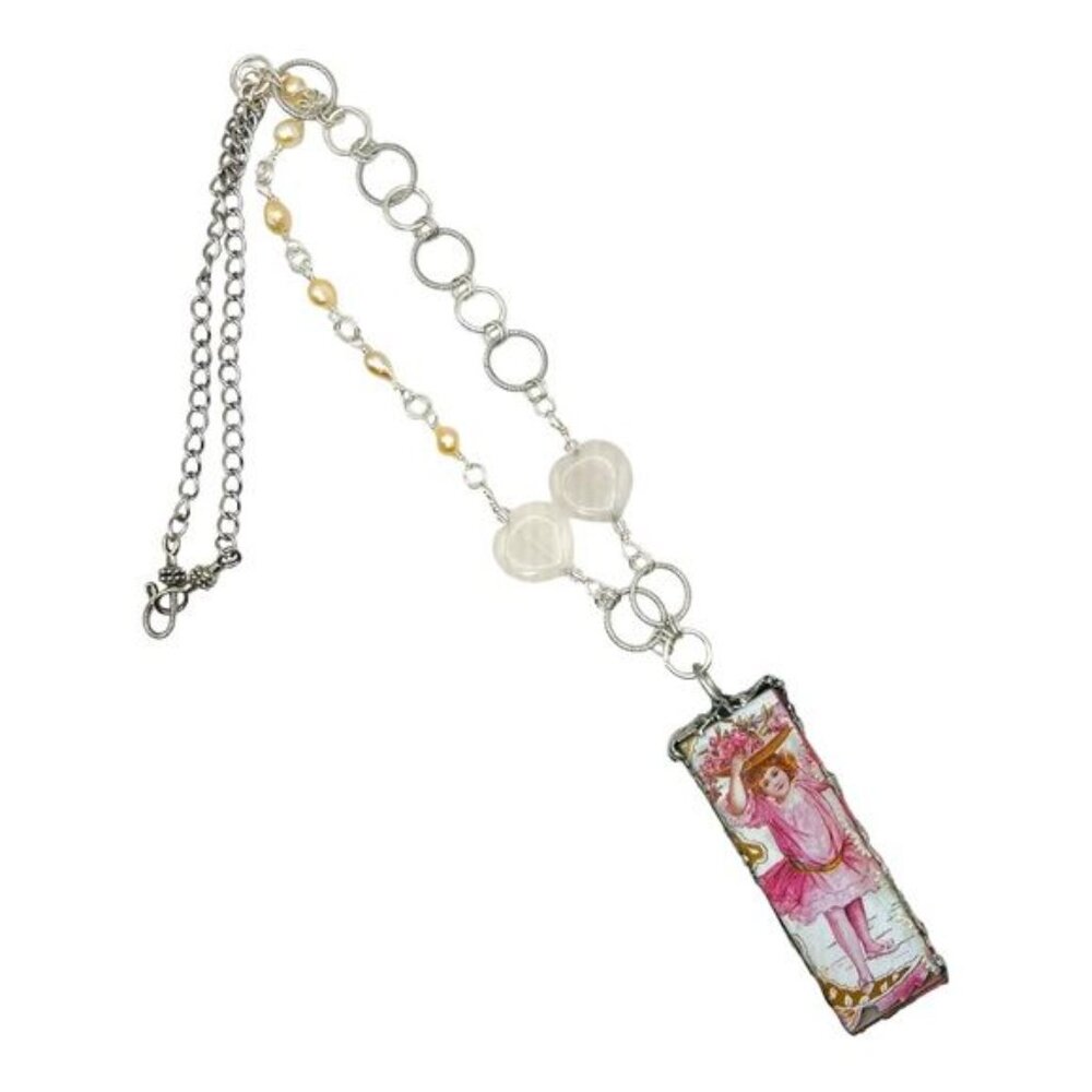 VINTG Valentines Day Card Tiny Canvas Pendant & Handmade W/ Pink Quartz & Pearls - Picture 4 of 17